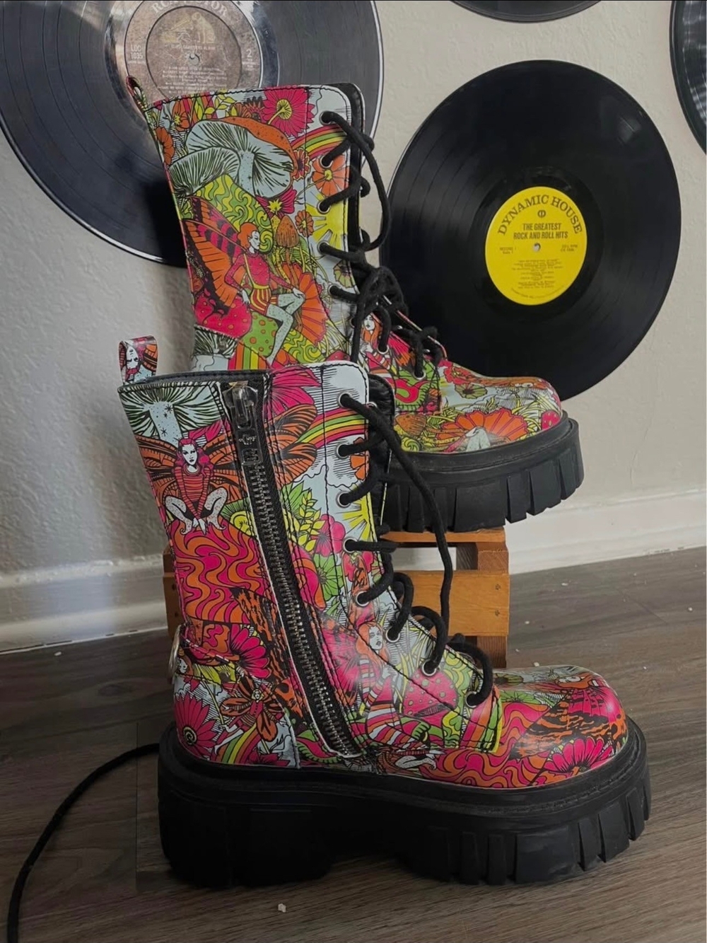 Platform Combat Boots in Bright Fairy & Mushroom Print - Women's